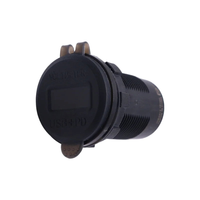 Closed translucent black dust cover on flush mount socket labeled Voltmeter and USB+PD