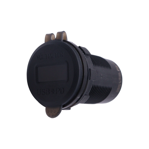 Closed translucent black dust cover on flush mount socket labeled Voltmeter and USB+PD
