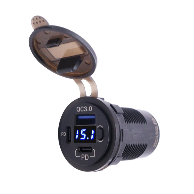 Flush mount socket with open lid showing QC3.0 USB-A port, digital voltmeter and USB-C PD port
