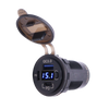 Flush mount socket with open lid showing QC3.0 USB-A port, digital voltmeter and USB-C PD port
