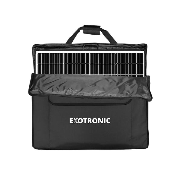 Folded solar panel stored inside black protective carry bag