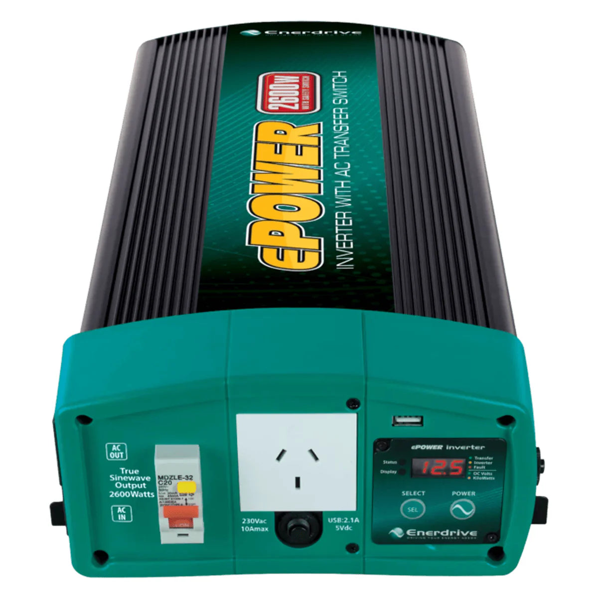 Front view of Enerdrive inverter showing AC socket RCD switch and display