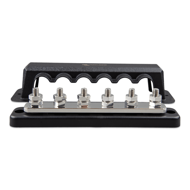 Front view of a 6-terminal 250A busbar with black ABS cover