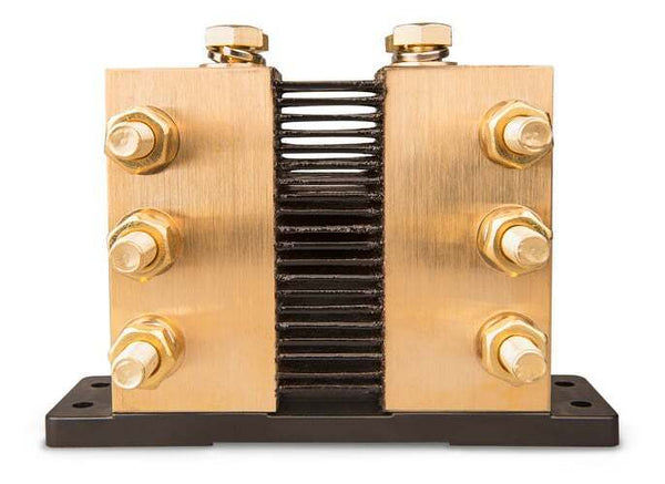 Front view of 6000A 50mV DC shunt with parallel resistive elements and insulated base