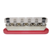 Front view of red busbar with clear cover installed showing voltage and amperage rating text