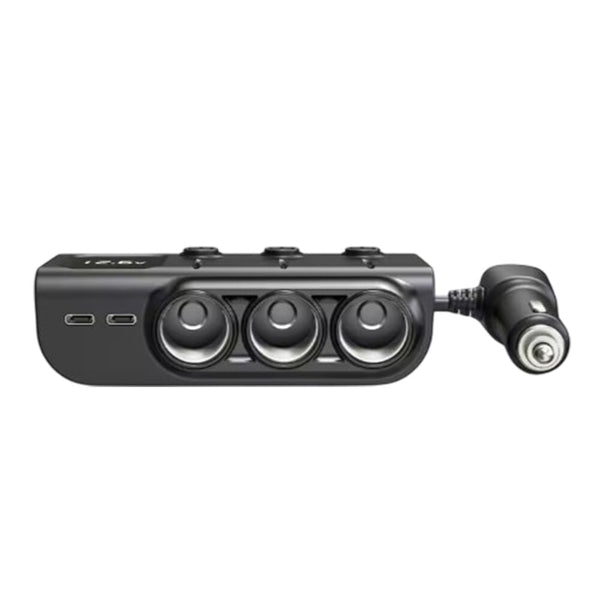 Front view showing three 12V sockets and two USB-C ports with cigarette lighter plug