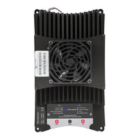Front view of 100A DC-DC converter showing integrated cooling fan, heatsink fins and status indicators