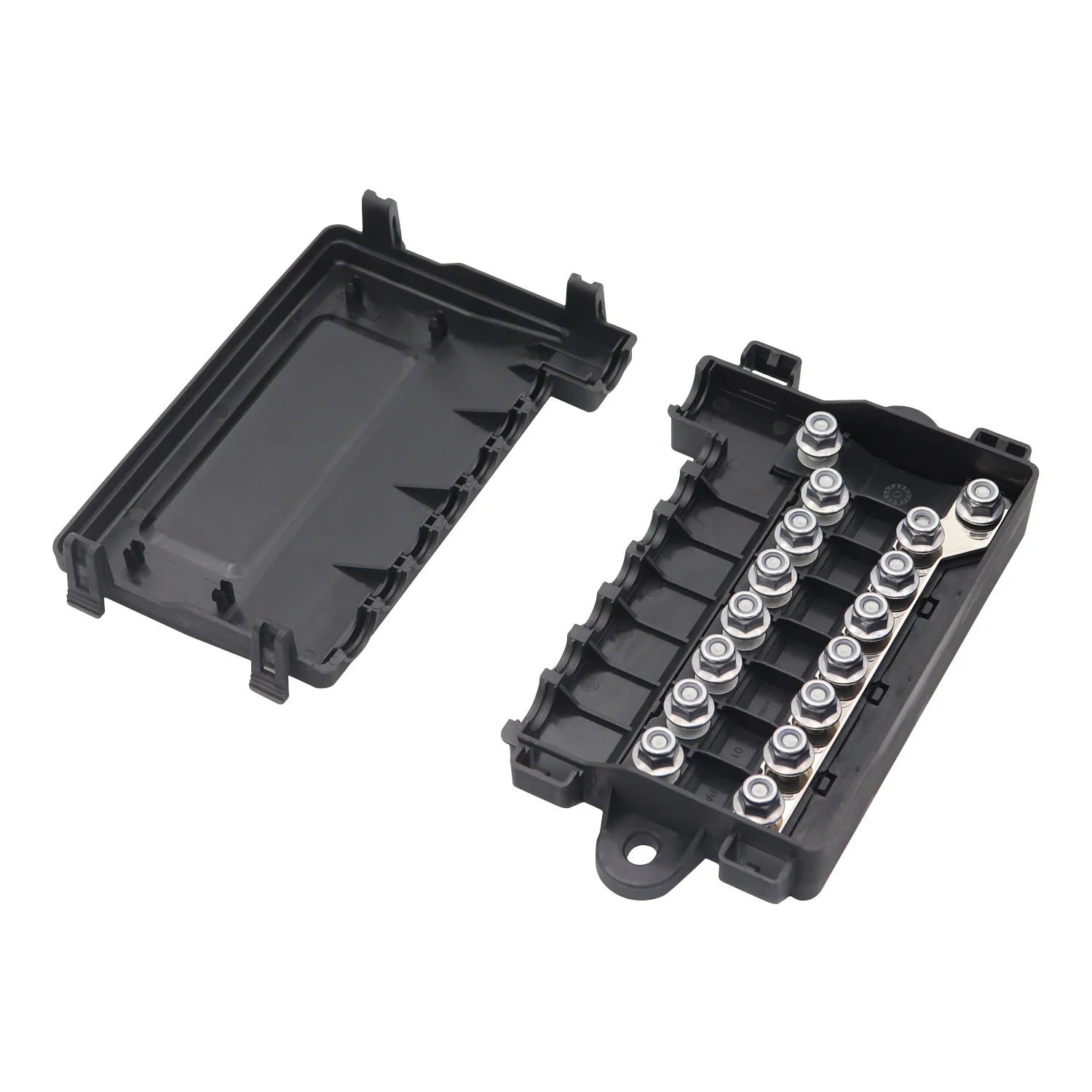 Angled view of fuse block base showing stainless steel nuts and plastic housing
