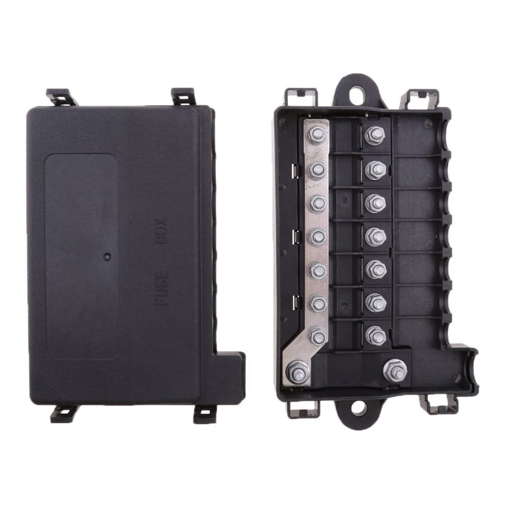 Top-down flat lay of open fuse base and cover showing component layout