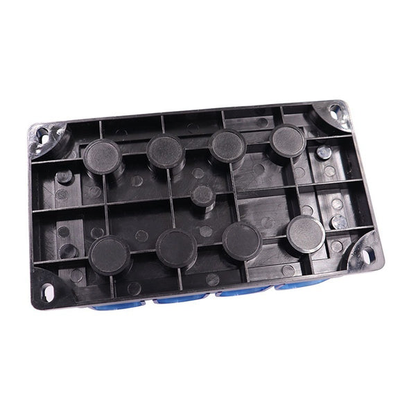 Bottom view of black fuse holder base showing structural ribbing and mounting holes
