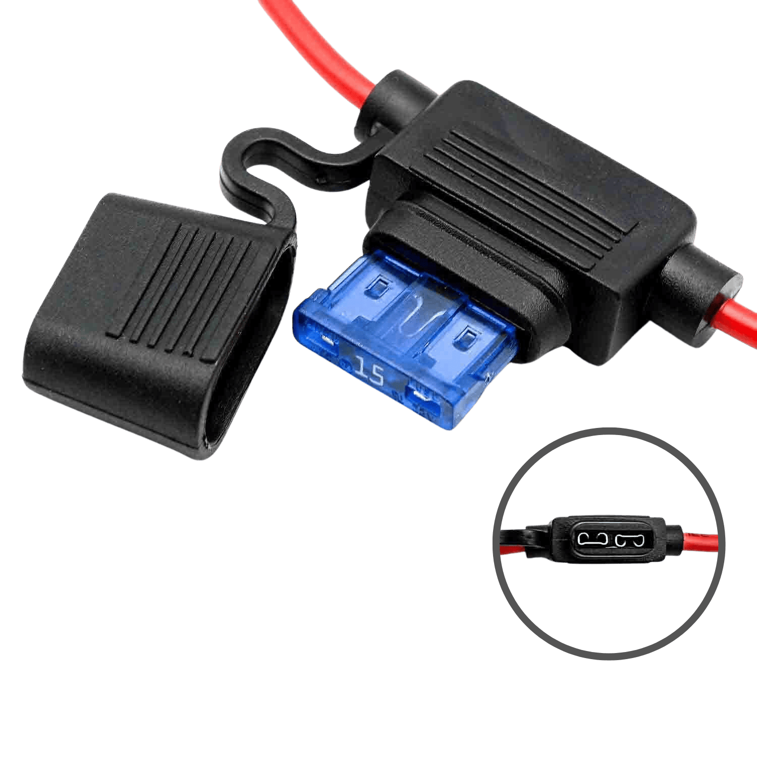 Fuse holder with blue 15A fuse inserted and circular inset showing internal terminals