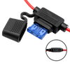 Fuse holder with blue 15A fuse inserted and circular inset showing internal terminals