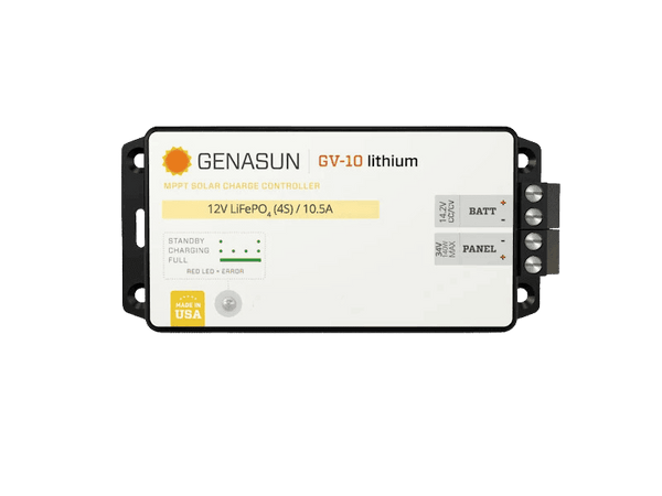 Top view of Genasun GV-10 Lithium MPPT solar charge controller showing terminals and LED status indicators