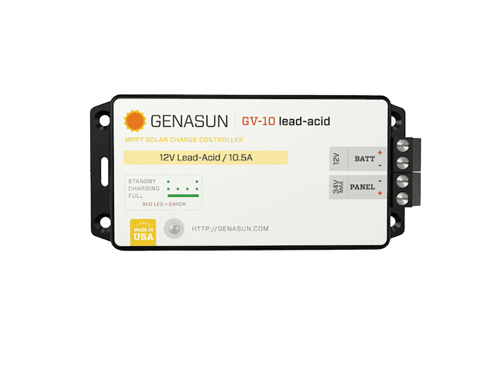 Top-down view of Genasun GV-10 MPPT solar charge controller showing terminals and status LEDs