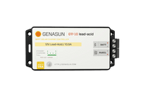Top-down view of Genasun GV-10 MPPT solar charge controller showing terminals and status LEDs