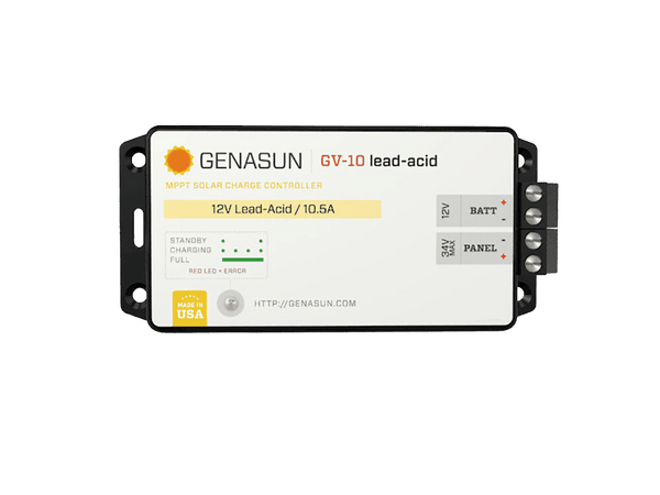 Top-down view of Genasun GV-10 MPPT solar charge controller showing terminals and status LEDs