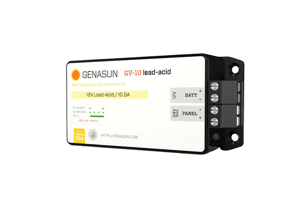 Close-up of 4-position terminal block on Genasun MPPT controller for battery and panel connections