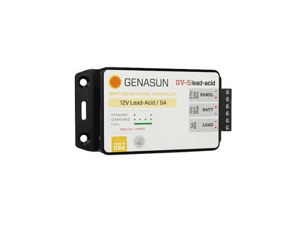 Angled view of Genasun 5A MPPT controller showing compact housing