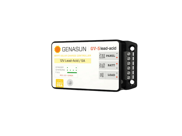 Side perspective of Genasun GV-5 MPPT controller showing terminal block