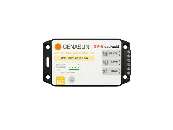 Top-down view of Genasun GV-5-Pb-12V MPPT solar charge controller faceplate