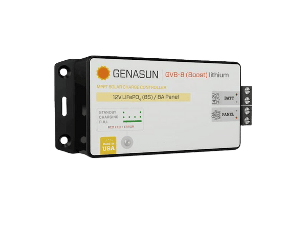 Angled view of Genasun solar controller highlighting mounting flanges and compact design