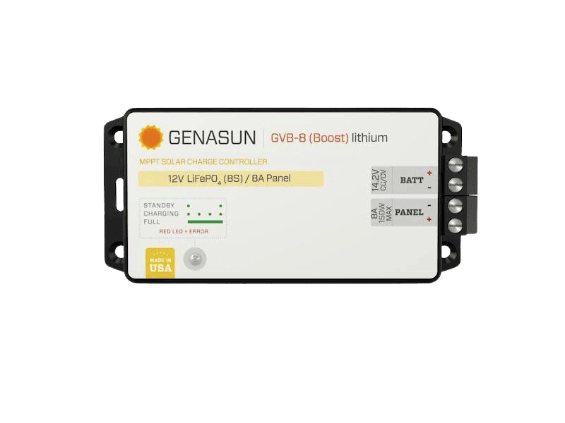 Top view of Genasun GVB-8 MPPT controller showing LED status indicators and terminal blocks