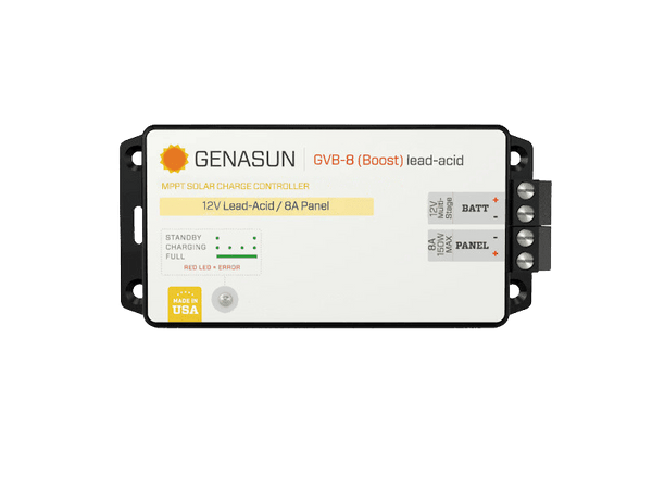 Top-down view of Genasun GVB-8 MPPT boost controller showing terminals and status LEDs