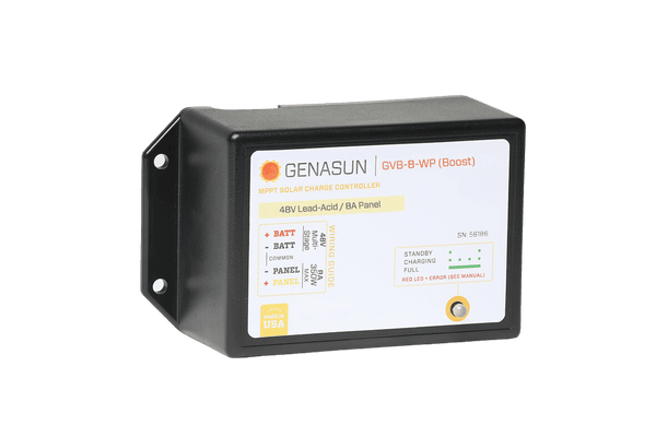 Front view of Genasun GVB-8-WP waterproof solar charge controller showing label and mounting flanges