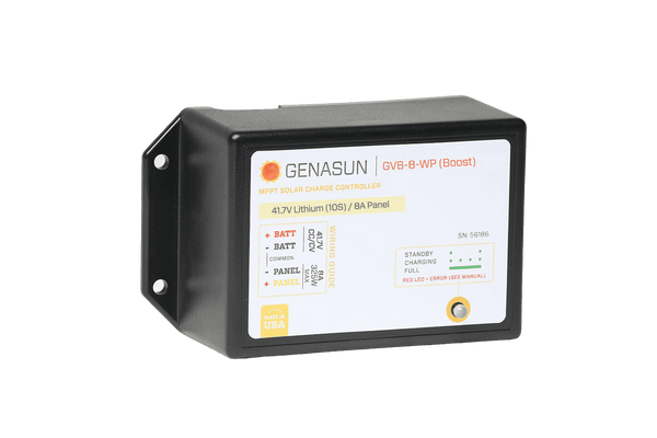 Angled view of Genasun waterproof MPPT solar charge controller showing wiring guide and status LED
