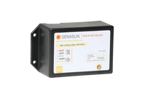 Angled view of Genasun GVB-8-WP Boost MPPT solar charge controller showing wiring label and LED