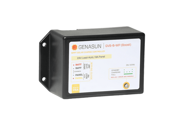 Angled view of Genasun GVB-8-Pb-24V-WP solar charge controller showing label and mounting points
