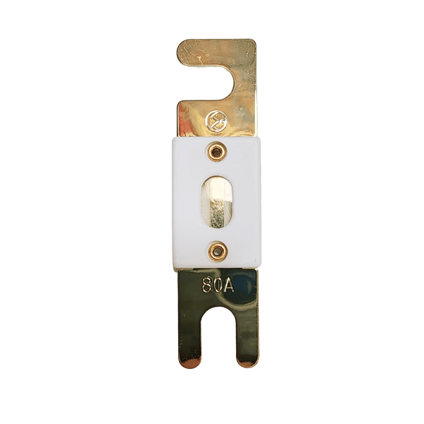 Top view of 80A ANL fuse with gold-plated terminals and white ceramic housing showing inspection window