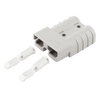 Grey 50A Anderson plug housing shown with two silver 6AWG contacts