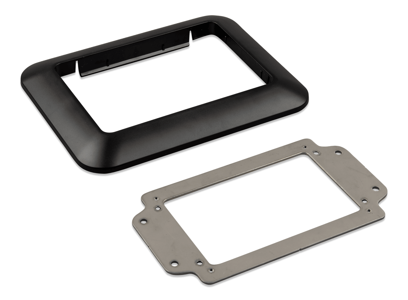 Side view of the black plastic bezel and silver metal mounting bracket