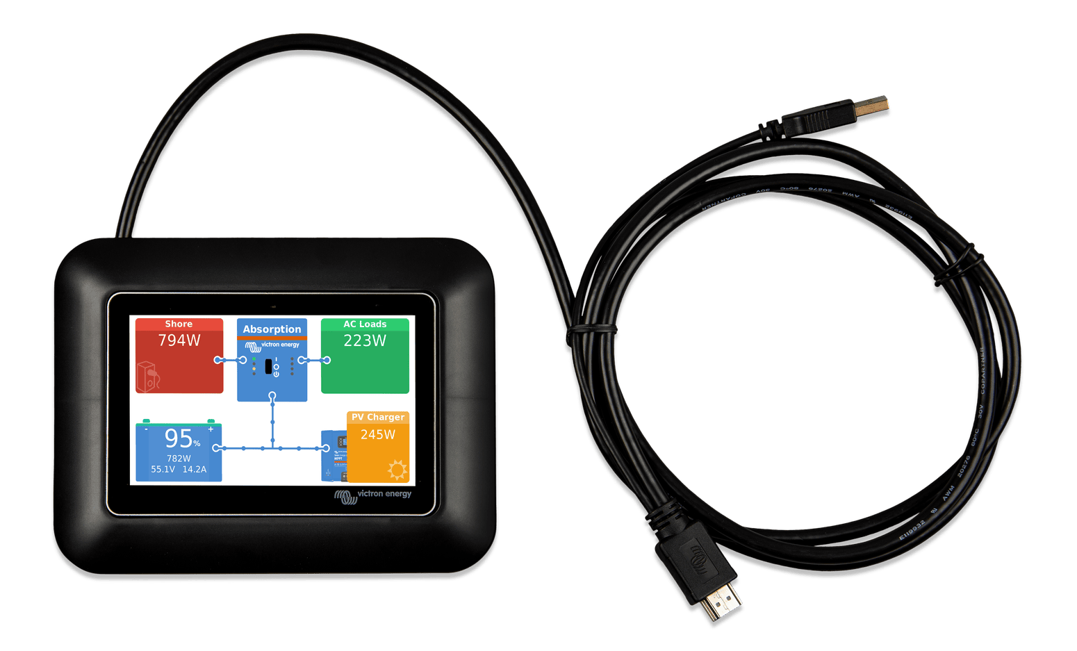 Top-down view of GX Touch 50 display in adapter bezel with USB cable