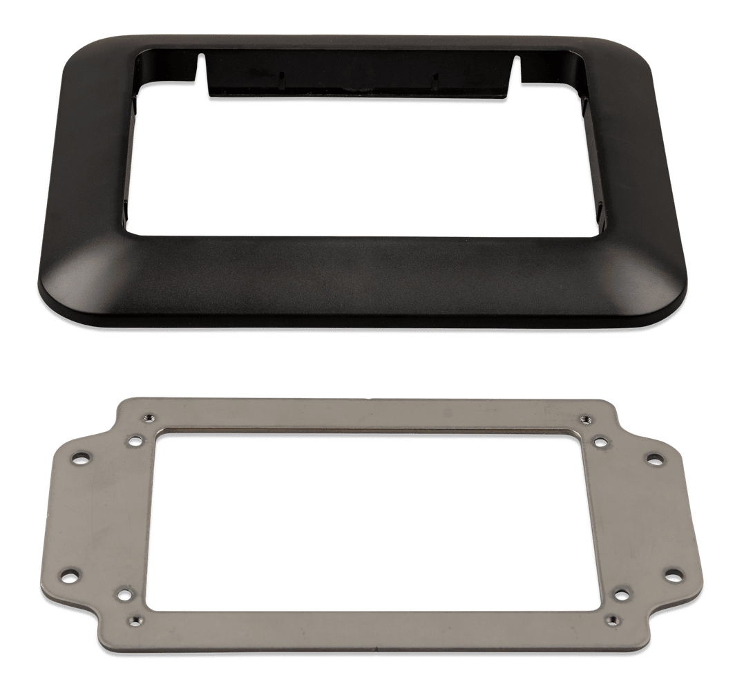 Front angled view of the Victron adapter bezel and metal mounting plate