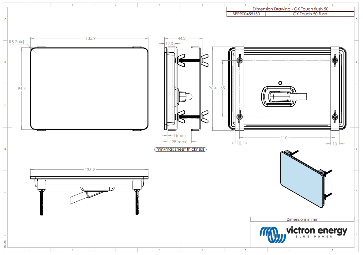Technical dimension drawing of GX Touch 50 flush display showing measurements in millimetres