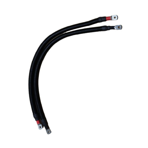 Two black battery cables encased in protective conduit with metal lugs