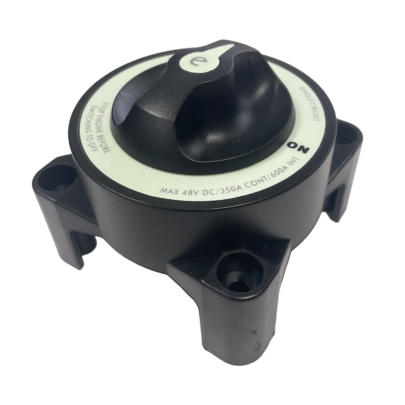 Isometric view of black battery isolator switch showing robust housing and mounting feet