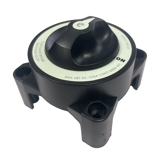 Isometric view of black battery isolator switch showing robust housing and mounting feet