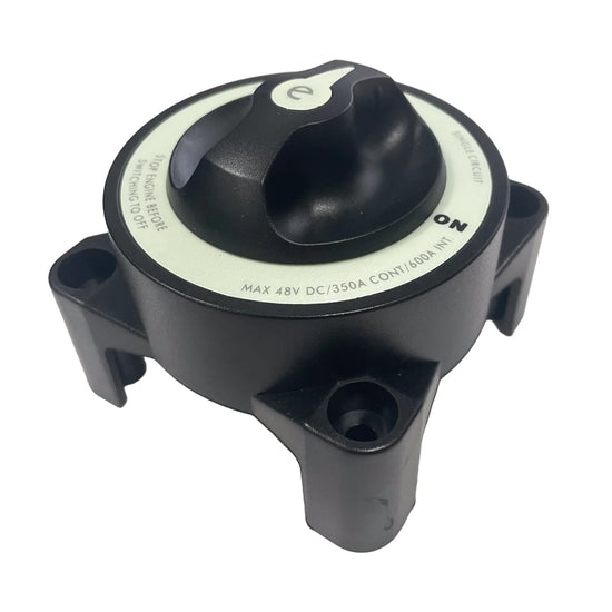 Isometric view of black battery isolator switch showing robust housing and mounting feet
