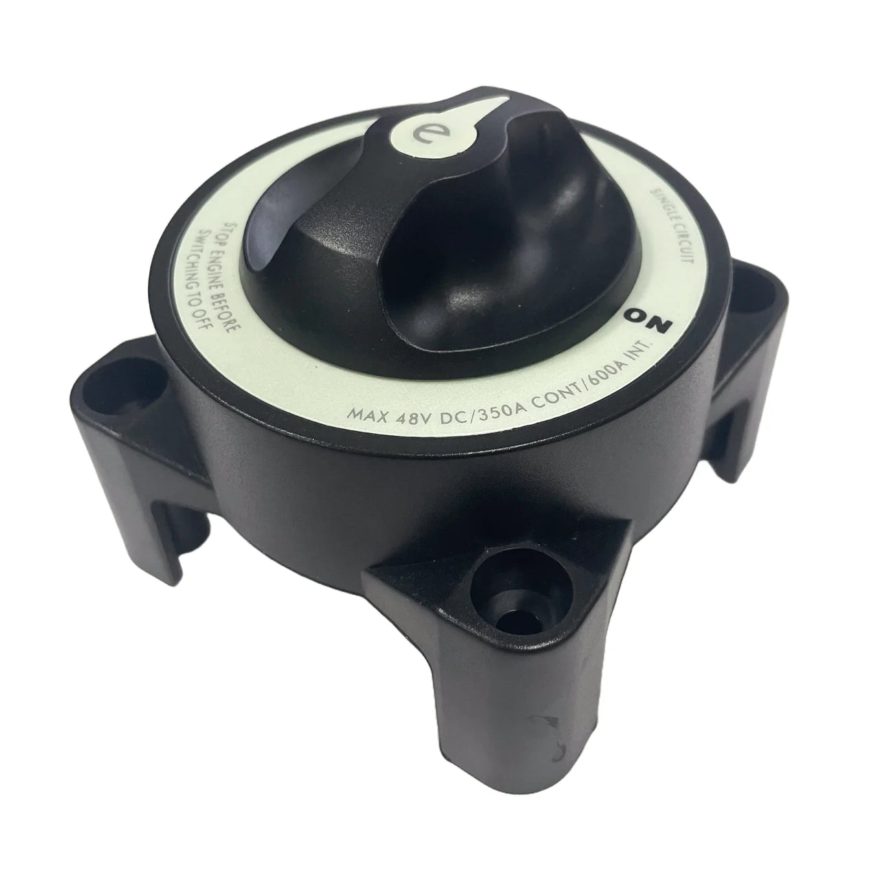 Isometric view of black battery isolator switch showing robust housing and mounting feet