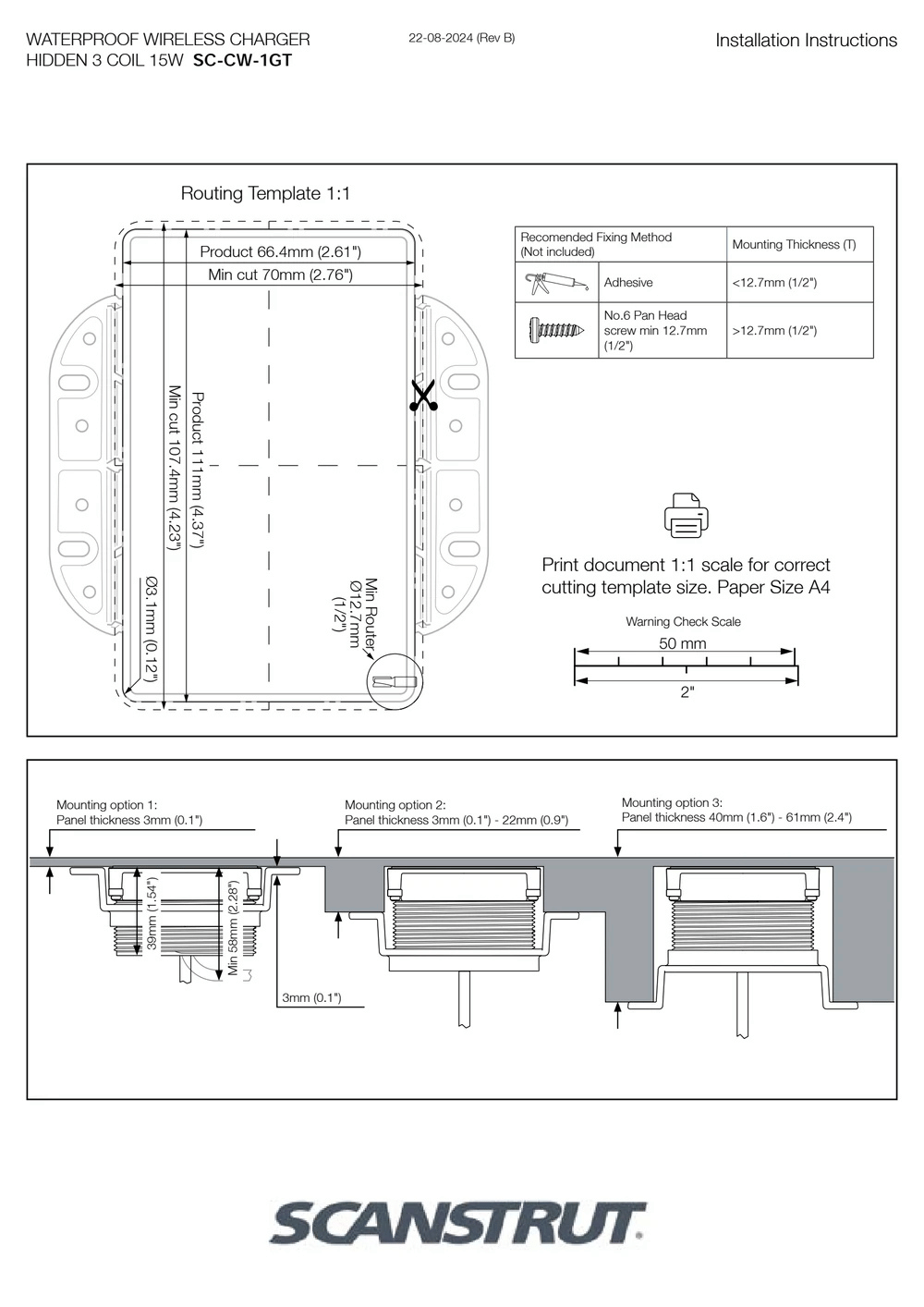 Routing template and mounting thickness options for different panel depths up to 61mm