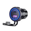 Angled view of flush mount socket with blue LED ring illuminated, open cap, USB-C and USB-A ports