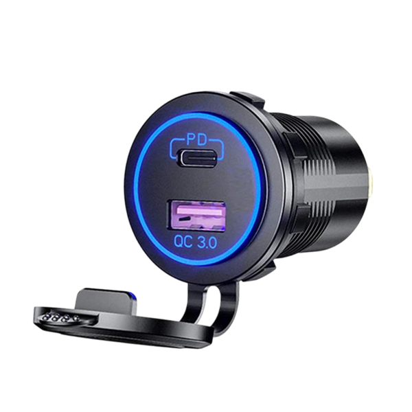 Angled view of flush mount socket with blue LED ring illuminated, open cap, USB-C and USB-A ports