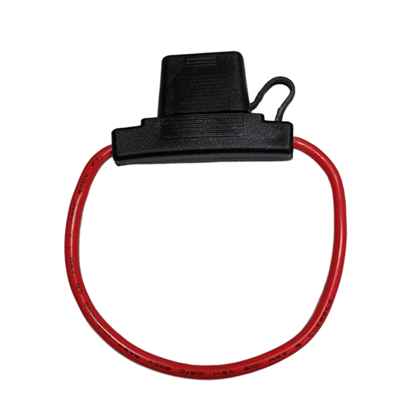 Red 8AWG inline maxi fuse holder with protective dust cap and cable loop