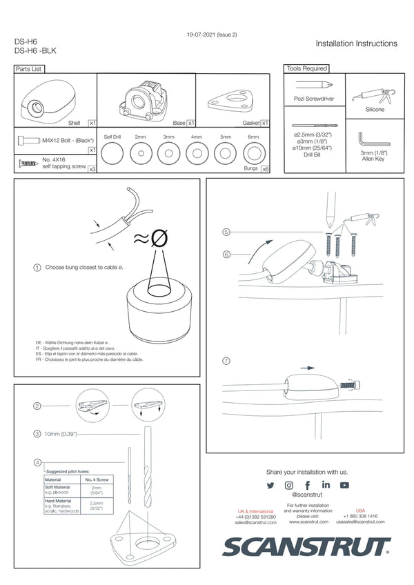 Installation guide for horizontal cable seal showing parts and assembly steps