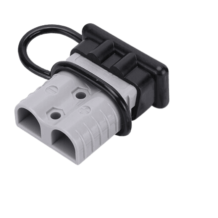 Black rubber dust cover loop installed around a grey 50A Anderson plug housing