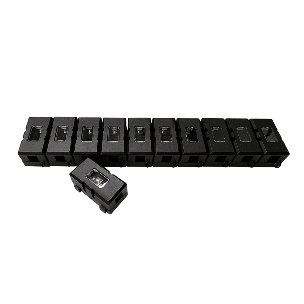 Row of ten black fuse holders connected side-by-side demonstrating modular stacking capability