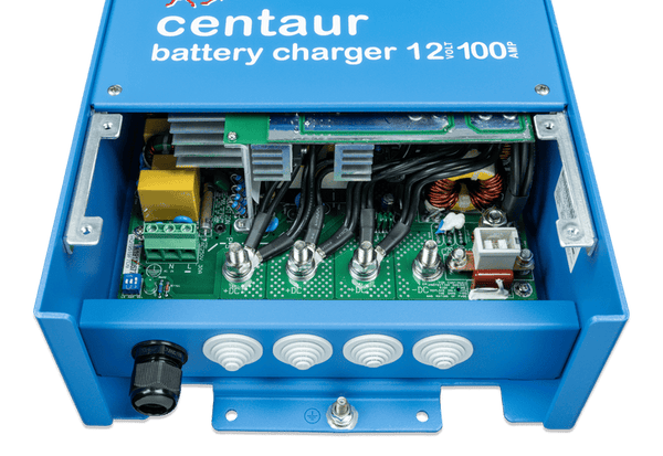 Close-up of internal circuitry and DC output terminals for battery connection